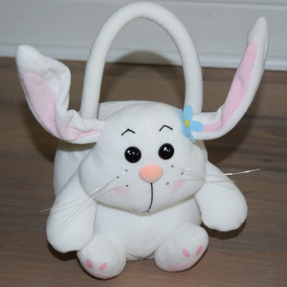 Hershey's White Plush Stuffed Easter Bunny BASKET Rabbit Handles Vtg 2002 Y2K